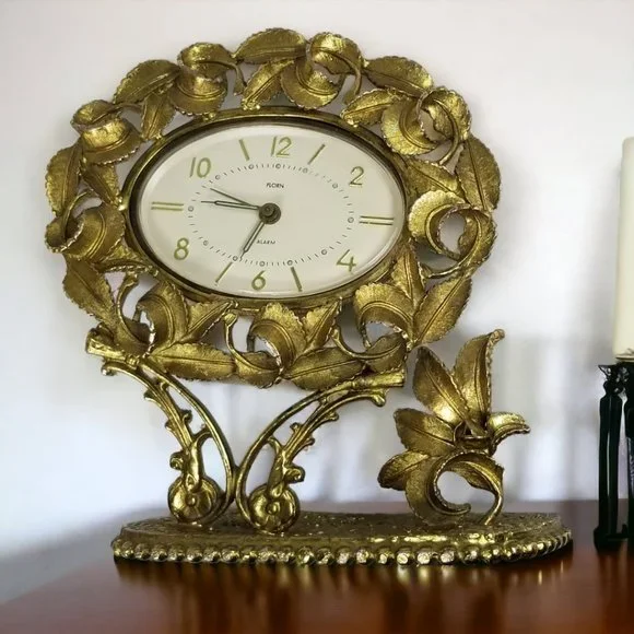 German Ormolu Table Alarm Clock Rare "Florn" Wind Up 24k Gold Gilt Ornate Crest - Picture 6 of 11